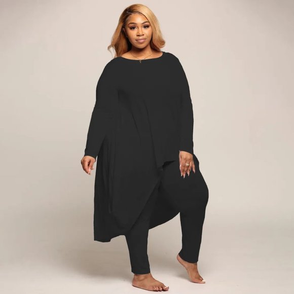 Solid Color Round Neck Long Sleeves Irregular Top And Pants Casual Two-Piece - Picture 4 of 15